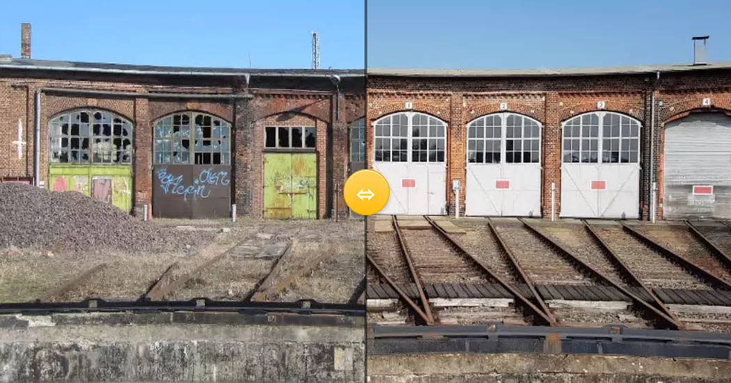 Zur Seite mit dem Vorher und Nacher-Vergleich des Lokschuppens